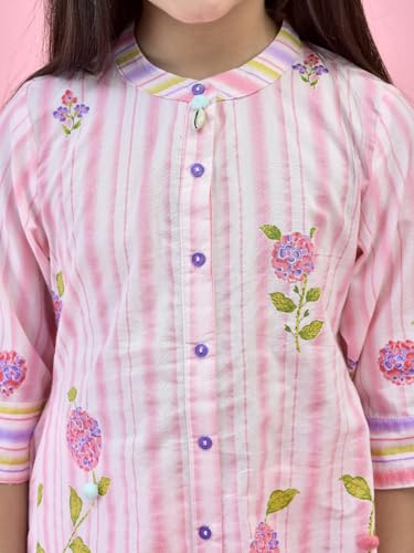 Image of Juniper Girls' Mint Floral Co-ord Set - High-Low Printed Shirt & Solid Cotton Pants