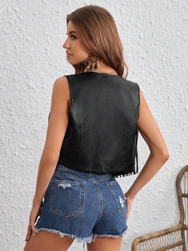 WDIRARA Women's PU Fringe Sleeveless Vest Tassel Faux Leather Open Front 70S Hippie Jacket Cardigan2