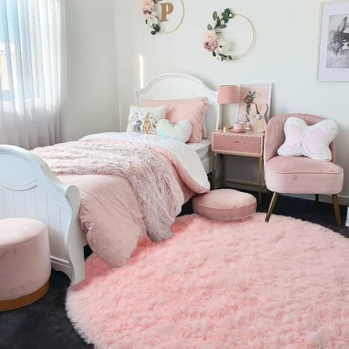 Image of Shaggy Round Area Rug - Soft Plush Circle Solid Color Carpet for Living Room, Bedroom, Kids Room - Fluffy Fuzzy Floor Mat for Home Decor (Pink, 5x5 feet, Round)