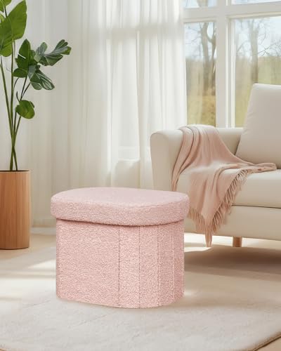 Image of B FSOBEIIALEO Storage Ottoman for Dorm Room, Boucle Folding Storage Ottoman Foot Rest, 16.14 Inches Small Collapsible Ottoman Cube for Living Room Pink