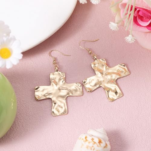 Hammered Cross Earrings for Women Gift, Premium Alloy Chunky Gold Cross Drop Earrings Large Statement Hook Dangle Stylish Women Faith Jewelry Accessories for Church, Casual, Easter & Party4