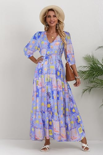 Image of Women Short Sleeve V Neck Floral Print Casual Bohemian Maxi Dresses