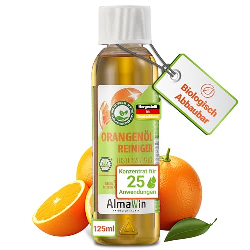 AlmaWin Orangenölreiniger ÖKO [125ml] ideal als starker Allesreiniger & Fettlöser - Veganes Orangenreiniger Konzentrat mit fruchtigem Duft - Besonders ergiebiger Orangenöl Reiniger