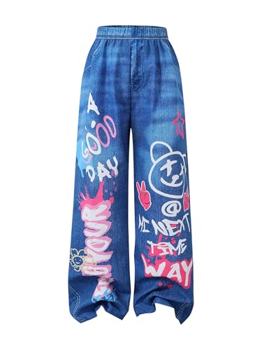 Verdusa Girl's Y2K Graphic Track Pants Streetwear Denim Print Straight Leg Long Trousers