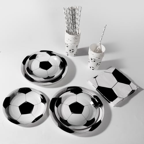 Miniatura 4 de Pyaili Fútbol Party Tableware Set,Decoración De Fiesta De Cumpleaños De Fútbol 20 Invitados,Fútbol Blanco Y Negro Platos De Papel Vasos Servilletas Decor Para Fiesta De Cumpleaños