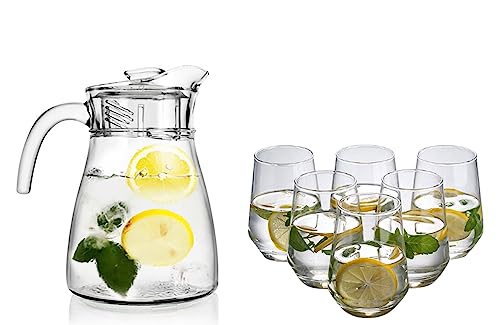 Image of bellemax Italian Premium Water and Juice Glasses Set of 6 and Jug Set Combo,(6 Pieces Glasses 270ML and 1 Water Jug 1.8 Liter), Transparent, Glass and Jug Setf or Dining Table