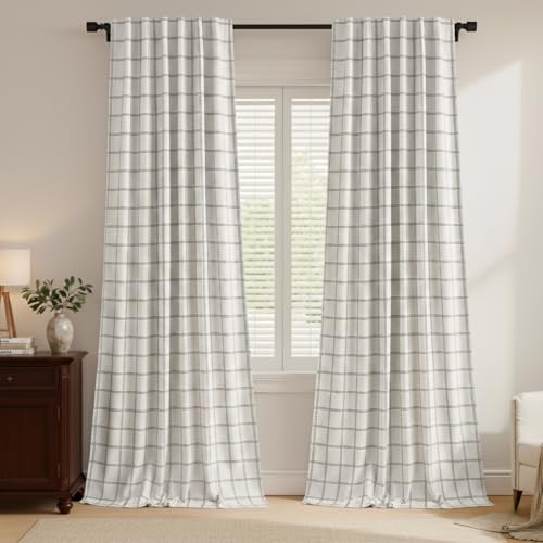NICETOWN 2 Panels 100% Blackout Windowpane Plaid Linen Curtains for Bedroom, Rod Pocket Back Tab Double Layer Drapes for Living Room 84 Inches Long Farmhouse Thermal Insulated, White, 52W x