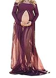 Modal Baumwolle&Chiffon D-Pink Damen Schwanger Lange Chiffon kleider Mutterschaft Fotografie Kleidung Maxikleid (Lila)