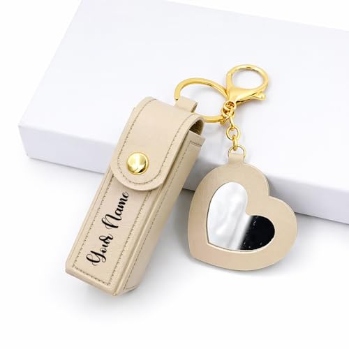 PRIMIT Personalized Leather Lipstick Holder Keychain with Heart Mirror Charm, Custom Name Lip Balm Case Key Ring for Women Girls Gift Purse Accessory (Cream)