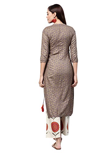 Image of ishin Women's Viscose Rayon A-Line Embroidered Thread Work Floral print Grey Kurta suit set with Palazzo