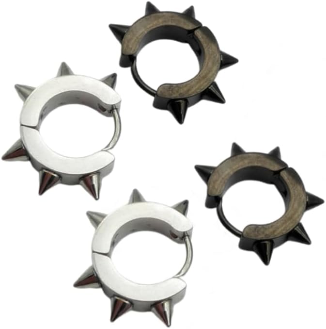 Mens Womens Punk Silver/Black Stainless Steel Huggie Hoop Earrings Goth Spike Rivet Earrings Rock Hiphop Jewelry