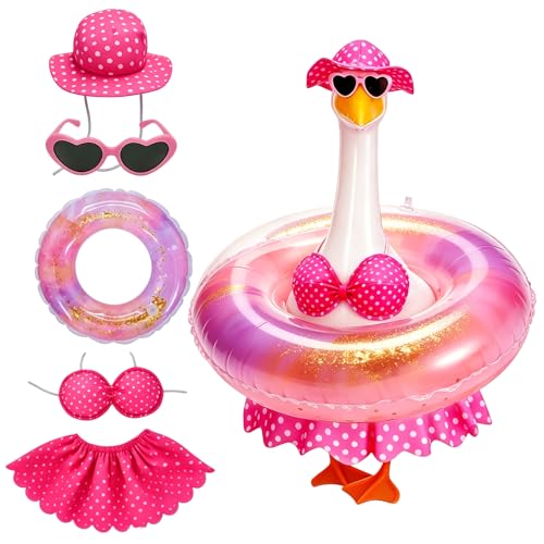 MeiAid Hawaiian Porch Goose Outfit, Summer Bikini Costume with Sunglasses & Wreath, Fits 23" Goose Statue, Garden Lawn Patio Yard Outdoor Decoration (Pink)