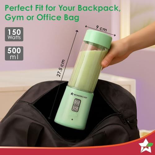 Image of Wonderchef Twister Portable Blender, 500ml, Dual-rotation Stainless-steel Blades, For Crushing Ice, Smoothies, Shakes, For Backpacks /Office Bags, Type-c Charge, 1-Yr Warranty, Mint Green