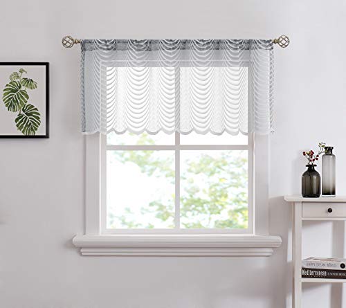 LinenZone - Waves Design Lace Semi Sheer Valance - Rod Pocket Voile Curtain for Living Room Bedroom and Kitchen Valance (1 Valance 54 X 18, White)