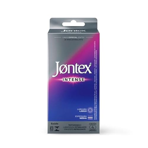 Embalagem do preservativo Jontex Intense contendo 4 unidades, com design em tons de roxo e cinza, destacando a textura e a lubrificação refrescante.