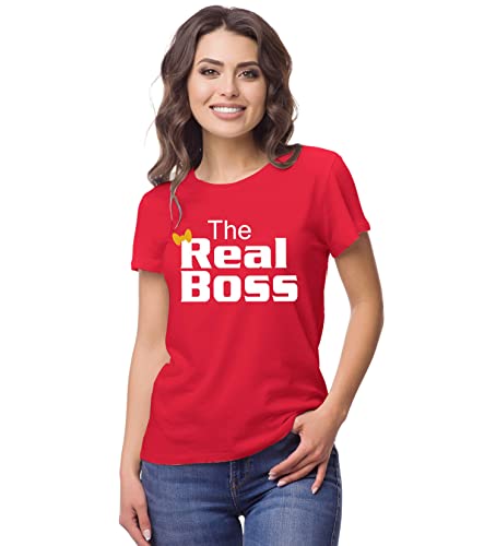 Image of Hangout Hub Hangout-Hub024$P Couple Tshirts for Couples | Printed The Boss The Real Boss T-Shirts | Men's and Women's Round Neck T-Shirt (Pack of 2, Cotton, Half Sleeves)