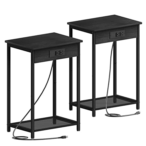 Yoobure Side Table With Charging Station, End Tables Living Room Set Of 2, Industrial 2 Tier Nightstand With Usb Ports, Rustic Narrow Bedside Table With Storage Shelf For Bedroom, Office, Small Spaces #TOP6