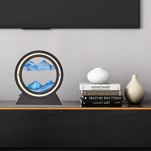 Moving Sand Art Picture, Round Glass 3D Hourglass Deep Sea Sandscape Painting with LED, Flowing Sand Painting Liquid Motion Table Lamp, Night Light Decoration for Desktop Home Office, 10 Inch (Blue)