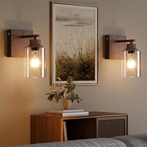 Image of Rayogale Walnut Battery Operated Wall Sconce Set of Two with Remote Control