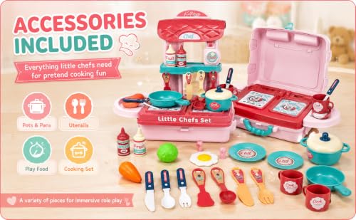 Image of 3-in-1 Kitchen Set Toy for Kids, Pretend Play Cooking Set, for Ages 3 Years and Above, 53 * 42 * 20.5 cm, Pink, Plastic