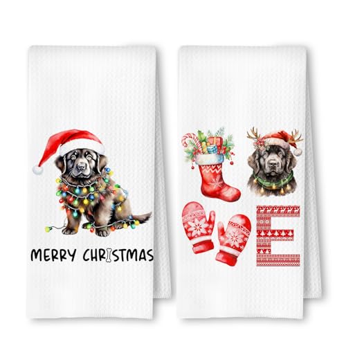 ArtisaEura Christmas Newfoundland Kitchen Dish Towels 2 Pack - Newfoundland Dog Lover Gift, Waffle Weave Christmas Hand & Tea Towels for Kitchen Bathroom, 16x24 Inches