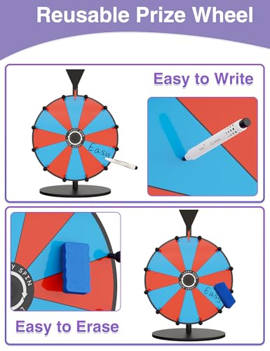 ORWOD 12 Inch Prize Wheel, Heavy Duty Spinning Wheel for Prizes, Colors Spin Wheel with Dry Erase Marker & Eraser, 12 Slots Wheel Spinner with Stand for Party, Carnivals and Tradeshow