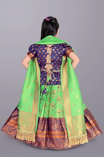 Image of Girls Pattu Pavadai Ready to Wear Lehenga, Blouse & Dupatta Set - Heavy Jacquard Fabric, Fully Stitched
