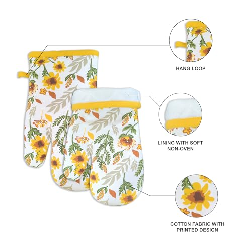 Image of Pixel Home Printed Apron with Centre Pocket Cotton with Glove and Pot Holder (Small Flower)