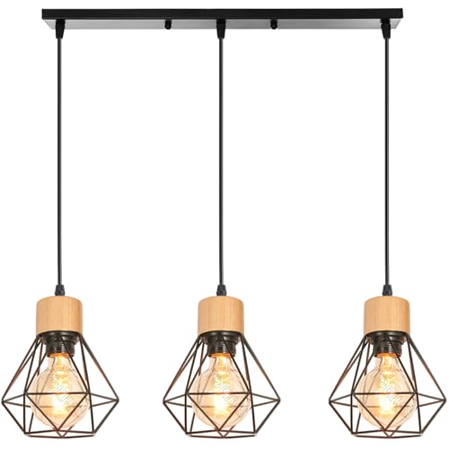 TOKIUS Suspension Luminaire Vintage Industrielle Lustre Abat-jour en Métal et Bois Ø160mm Plafonnier E27 avec Bois Rétro Pour Salon Cuisine Chambre (B-avec barre)
