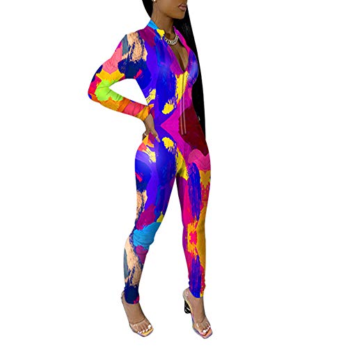 Sprifloral Women's Sexy Deep V Neck Long Sleeve Camouflage Printed Bodycon Jumpsuits Romper Clubwear