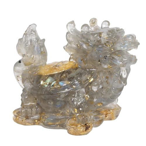 Nupuyai 2pcs Labradorite Crystal Stone Animal Statue Gold Coin Dragon Turtle Figure Set