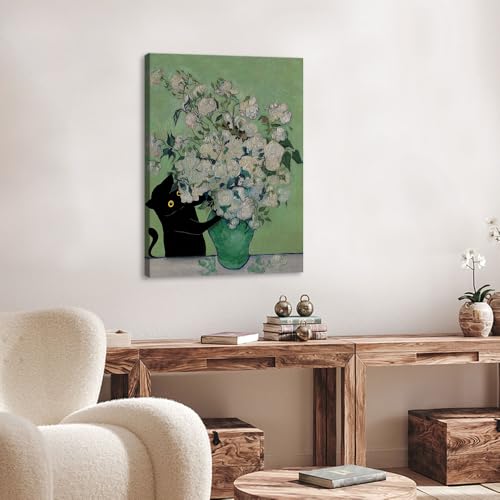 Art mural chat noir Monet pour salon rétro et esthétique feutrée