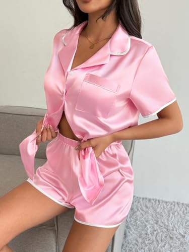 Image of Ekouaer Womens Satin Pajamas Set 2 piece Silky Buttton Down Short Pjs | Silk Notch Collar Top and Soft Shorts Lounge Set for Sleep, Daily Wear, Home, Wedding, Party