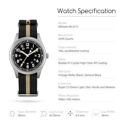 Image of TACTICAL FROG Militado ML07 36mm Field Watch, Japan VH31 Sweep Seconds or 2035 Movt, Men's Military Watch 10 ATM Waterproof Analog Watches for Men and Women Unisex Wristwatch
