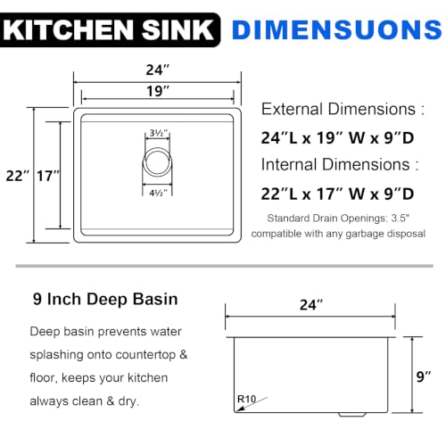 Image of 24 Inch Undermount Kitchen Sink, Workstation Single Bowl 24 x 19 Inch 16 Gauge Stainless Steel Under Counter Sink for Small Apartment Prep Kitchen, Laundry, Utility & RV with Cutting Board