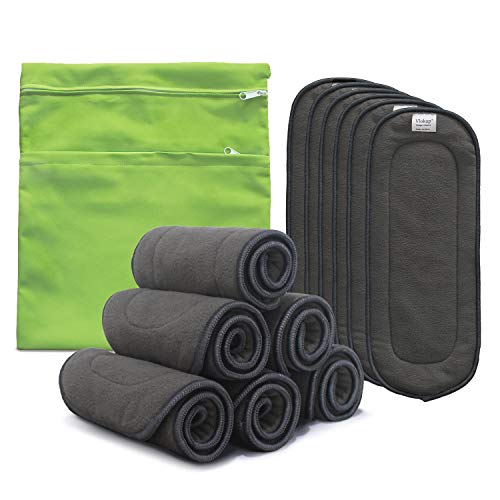 Image of Vlokup Baby Cloth Diaper Inserts 4 Layer, 12 Pack, for Newborn Toddler Kids, Nature Charcoal Bamboo Nappy Liner for Pocket Diaper, Reusable Washable Overnight Absorbent with Wet and Dry Diaper Bag