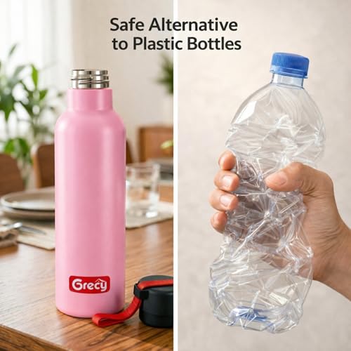 Image of GRECY Trim 1 Litre Stainless Steel Water Bottle for Office, Gym & School | Lightweight Leak Proof Fridge Bottle with Carry Loop | BPA Free, Rust Proof, Odour Free | Pink | 1000ml