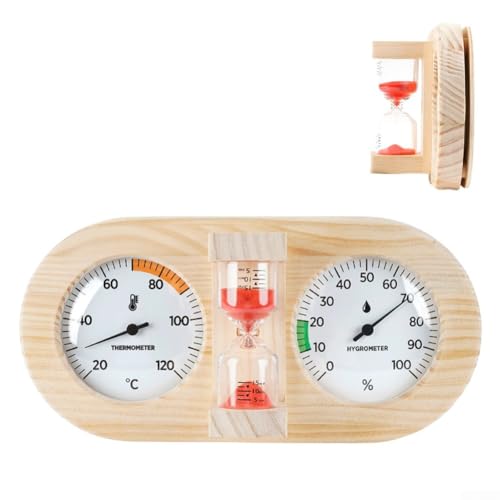 Termohigrómetro de sauna con marco de madera de pino, cubierta de vidrio e instalación montada en la pared, control de temperatura y humedad con temporizador de 15 minutos (A)