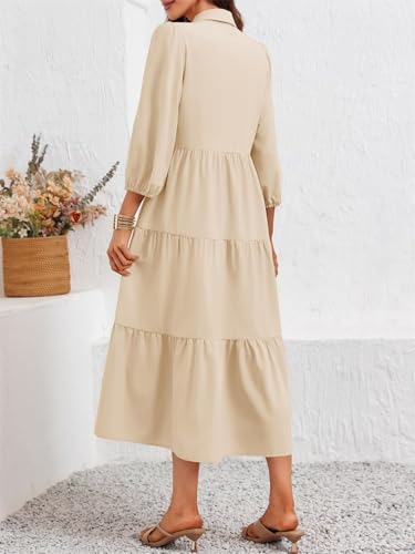 Image of Wenrine Womens Casual 3 /4 Sleeve Shirt Dress Button Down V Neck Tiered Collared Flowy Maxi Dress Beige