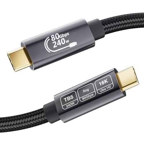 EUDOBEL USB C 80Gbps Thunderbolt 5 Kabel 2m Unidirektionale Bandbreite bis 120Gbps Unterstützt 240W 5A Ladeleistung Video 16K@30Hz 8K@60Hz 12-Bit-Farbtiefe für Thunderbolt 4 USB 4 SSD eGPU Laptop