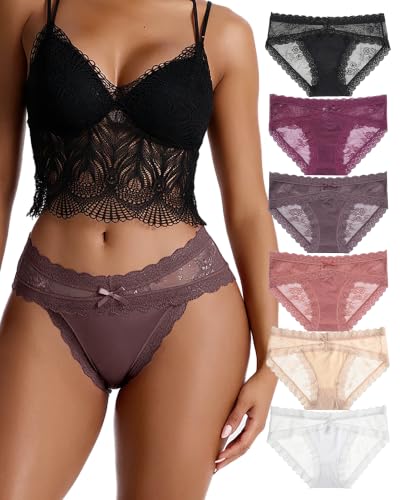 Image of LEVAO Sexy Underwear for Women Hipster Cheeky Bikini Lace Panties 6 Pack | Cheeky underwear for women, soft lace panties, cotton crotch, daily wear,date night, party, honeymoon travel, alluring fit