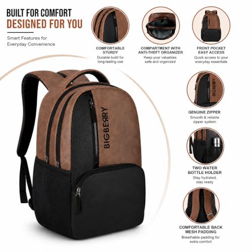 Image of BIGBERRY Rodeo | Leatherite Faux Leather Laptop Backpack for Men & Women | Water Resistant Medium Office, Travel, College Bag | Fits Up to 15.6 Inch Laptop | Travel, Casual & Business, Unisex