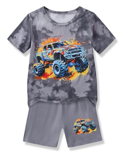 LPHGFZA Boys Clothes 2-Piece Summer Outfit 3D Car Print Tie-Dye T-Shirt & Elastic Waist Shorts for Kids Clothing Set 5-11Y