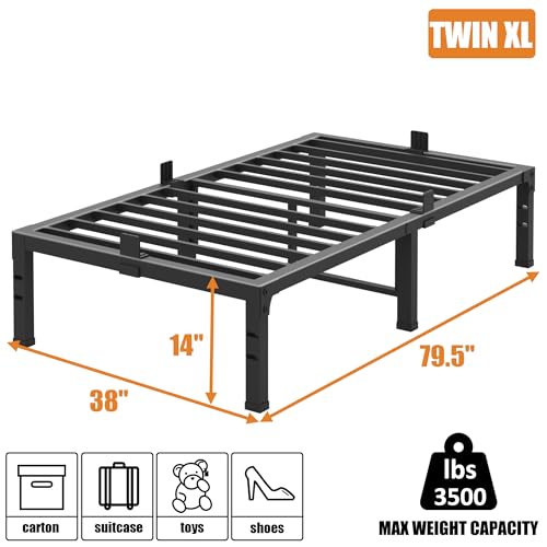 Image of FUIOBYVV Twin XL Bed Frames 14 Inch Heavy Duty Metal Platform Bed Frame Twin Size Support Up to 3500 lbs,No Box Spring Needed,Headboard Hole,Steel Slat Support,Noise Free,Easy Assembly