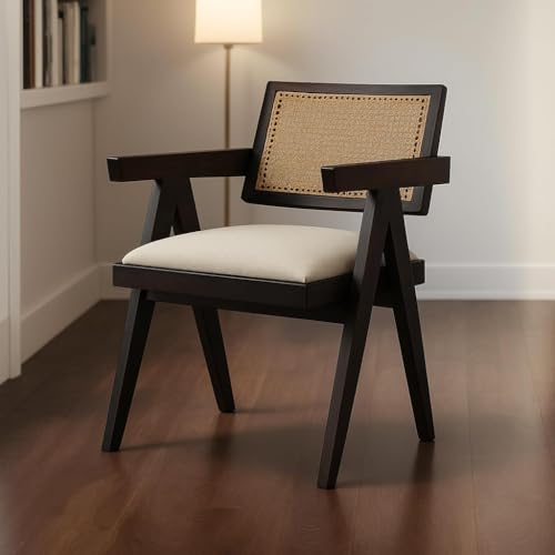 Image of GK Int Premium Solid Wood Cane Accent Chair with Cushion | Handwoven Rattan Backrest Armchair | Mid-Century Modern Wooden Lounge Chair for Living Room, Dining Room & Office (Walnut Brown)