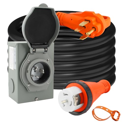 Afurkuot 20FT Generator Cord and 50 Amp Power Inlet Box Combo Kit, NEMA 14-50P SS2-50R STW 6/3+8/1 AWG Generator Cable and NEMA SS2-50P Power Inlet Box for Generator to House, ETL Listed