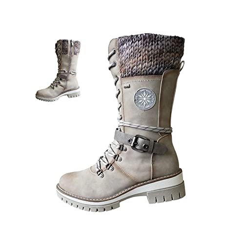 AngryMonkey Womens Winter Warm Mid-Calf Snow Boots Knitted Suede Splicing Lace-up Non-Slip Waterproof Outdoor Casual Booties