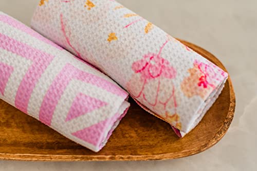 Desert Aqua 2 Pack || Not Your Ordinary Kitchen Towels || Dish Towels || Tea Towels || Waffle Weave Microfiber || Designer Prints || Highly Absorbent || Hanging Hook (Pink Geometric) #TOP6