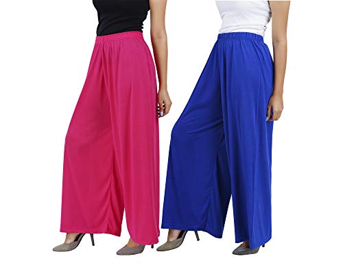 Image of Buy That Trendz M to 4XL Cotton Viscose Loose Fit Flared Wide Leg Palazzo Pants for Women Rani Pink Royal Blue Combo Pack of 2