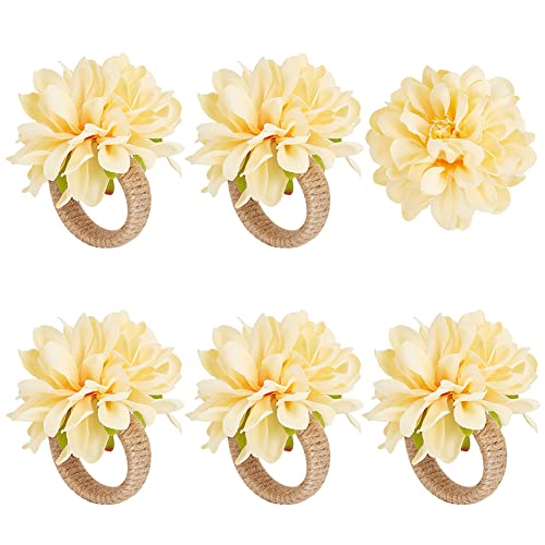 CRASPIRE Flower Napkin Rings Set of 6 Yellow Artificial Napkin Rings Floral Napkin Holder Rings Burlap Cord Napkin Buckle Handmade Napkin Loop Bionic Twine Dinner Wedding Table Decor